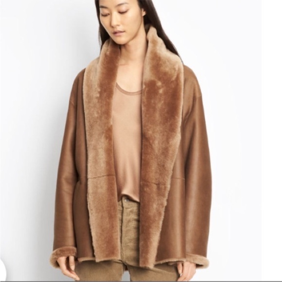 Vince camel shawl collar reversible shearling leather coat with hood jacket S - Picture 5 of 11